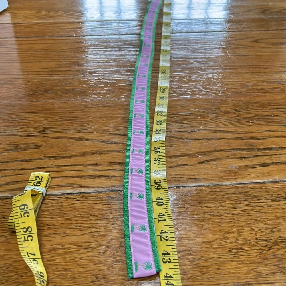 Leather Man webbing belt, green with pink ribbon, palm trees.  Size Large.